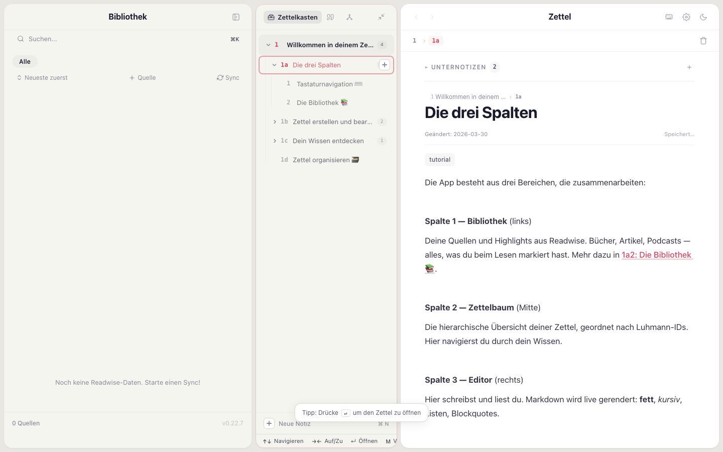 Luhm App — Drei-Panel-Layout mit Readwise-Bibliothek, Zettelbaum und Editor